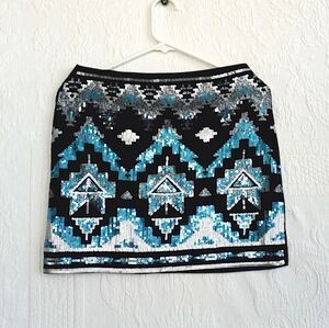 Express Turquoise Sequin Mini Skirt Aztec Tribal Western Fun Party Festival Cute